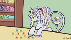 Size: 1985x1119 | Tagged: safe, artist:misskanabelle, imported from derpibooru, oc, oc only, oc:lady alice, pony, unicorn, horn, indoors, leonine tail, magical lesbian spawn, offspring, parent:applejack, parent:rarity, parents:rarijack, thread, unicorn oc, unshorn fetlocks