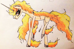 Size: 685x456 | Tagged: safe, artist:beamybutt, imported from derpibooru, pony, rapidash, unicorn, eyelashes, mane of fire, pokémon, ponified, signature, solo, traditional art