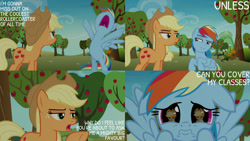 Size: 1280x720 | Tagged: safe, edit, edited screencap, editor:quoterific, imported from derpibooru, screencap, applejack, rainbow dash, earth pony, pegasus, pony, grannies gone wild, season 8, spoiler:s08, apple, applejack's hat, bipedal, cowboy hat, cute, dashabetes, duo, duo female, female, floppy ears, food, hat, mare, nose in the air, offscreen character, open mouth, pov, puppy dog eyes, sad, sadorable, tree, wavy mouth