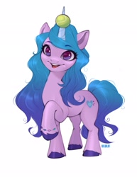 Size: 1585x2048 | Tagged: safe, artist:u_lu_lu, imported from derpibooru, izzy moonbow, pony, unicorn, ball, bracelet, cute, eyelashes, female, g5, horn, horn guard, horn impalement, hornball, izzy's tennis ball, izzybetes, jewelry, looking at you, mare, open mouth, raised hoof, simple background, solo, tennis ball, unshorn fetlocks, white background