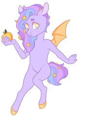 Size: 600x856 | Tagged: safe, artist:lavvythejackalope, imported from derpibooru, oc, oc only, oc:starfall, anthro, bat pony, unguligrade anthro, apple, bat wings, ethereal mane, food, simple background, solo, starry mane, transparent background, wings