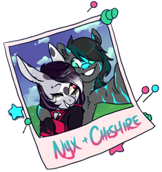 Size: 700x745 | Tagged: safe, artist:lavvythejackalope, imported from derpibooru, oc, oc only, oc:cheshire, oc:nyx, alicorn, anthro, earth pony, rabbit, animal, anthro with ponies, bust, chest fluff, clothes, collar, commission, duo, earth pony oc, grin, hoof hold, makeup, one eye closed, outdoors, running makeup, selfie, side hug, simple background, smiling, transparent background, wink, ych result