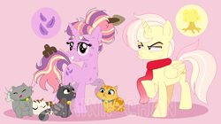 Size: 872x488 | Tagged: dead source, safe, artist:cherritoppu, artist:maiii-san, imported from derpibooru, oc, oc only, alicorn, cat, pony, unicorn, alicorn oc, base used, derp, female, frown, grin, horn, looking back, male, mare, messy mane, raised hoof, scar, smiling, stallion, story included, unicorn oc, wings