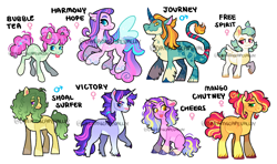 Size: 4062x2400 | Tagged: safe, artist:dreamscapevalley, imported from derpibooru, oc, oc only, oc:bubble tea, oc:cheers, oc:free spirit, oc:harmony hope, oc:journey, oc:mango chutney, oc:shoal surfer, oc:victory, earth pony, hybrid, pegasus, unicorn, clothes, earth pony oc, freckles, horn, interspecies offspring, magical gay spawn, magical lesbian spawn, offspring, parent:ahuizotl, parent:big macintosh, parent:bulk biceps, parent:cheese sandwich, parent:cherry jubilee, parent:coco pommel, parent:izzy moonbow, parent:luster dawn, parent:minty, parent:pinkie pie, parent:prince blueblood, parent:princess cadance, parent:queen novo, parent:zephyr breeze, pegasus oc, scarf, simple background, tongue out, tooth gap, unicorn oc, watermark, white background, wings