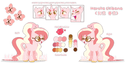 Size: 1396x706 | Tagged: dead source, safe, artist:cherritoppu, artist:maiii-san, imported from derpibooru, oc, oc only, oc:cherry bloom, pony, unicorn, base used, female, glasses, horn, mare, reference sheet, simple background, smiling, story included, transparent background, unicorn oc