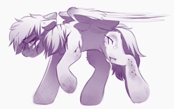 Size: 1382x867 | Tagged: safe, artist:crimmharmony, imported from derpibooru, oc, oc only, oc:murky, pegasus, pony, fallout equestria, fallout equestria: murky number seven, blood, cut, drunk, fanfic art, injured, monochrome, nudity, pegasus oc, scar, sheath, sheathed, simple background, solo, white background, wings