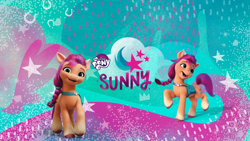 Size: 2048x1152 | Tagged: safe, imported from derpibooru, sunny starscout, earth pony, pony, abstract background, cute, cutie mark, female, g5, mare, my little pony logo, official, pony history, self ponidox, sunnybetes, text, youtube banner