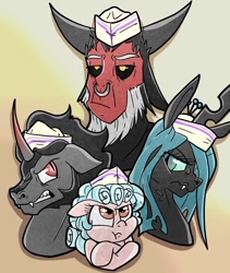 Size: 758x900 | Tagged: safe, artist:smirk, imported from derpibooru, cozy glow, king sombra, lord tirek, queen chrysalis, angry, crossed hooves, fanfic art, fast food, hat