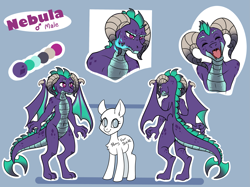 Size: 3471x2603 | Tagged: safe, artist:skuttz, imported from derpibooru, oc, oc only, oc:nebula, dragon, color palette, commission, dragon oc, high res, male, reference sheet, solo, text