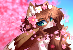 Size: 4444x3054 | Tagged: safe, artist:airiniblock, imported from derpibooru, oc, oc only, oc:mabel, pegasus, pony, blaze (coat marking), bust, chest fluff, coat markings, colored ears, ear fluff, eye clipping through hair, facial markings, female, flower, flower in hair, green eyes, looking at you, mare, natural hair color, pale belly, pegasus oc, rcf community, snip (coat marking), solo, spread wings, two toned wings, wings