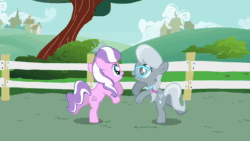 Size: 1280x720 | Tagged: safe, imported from derpibooru, screencap, diamond tiara, silver spoon, earth pony, pony, call of the cutie, season 1, animated, bipedal, bump bump sugar lump rump, butt to butt, butt touch, duo, duo female, eyes closed, female, filly, sound, webm