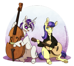 Size: 1736x1540 | Tagged: safe, artist:inuhoshi-to-darkpen, imported from derpibooru, oc, oc only, earth pony, unicorn, clothes, ear fluff, glasses, guitar, hoof fluff, musical instrument, open mouth, parent:octavia melody, parent:vinyl scratch, simple background, transparent background