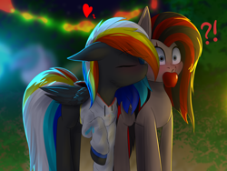 Size: 2560x1920 | Tagged: safe, artist:skanim-sdw, imported from derpibooru, oc, oc only, oc:darky wings, oc:sayonara maxwell, pegasus, pony, apple, cheek kiss, clothes, eyebrows, eyebrows visible through hair, eyes closed, female, females only, floppy ears, food, high res, hoodie, kiss on the cheek, kissing, lesbian, mare, mares only, oc x oc, pegasus oc, shipping, surprise kiss, wide eyes