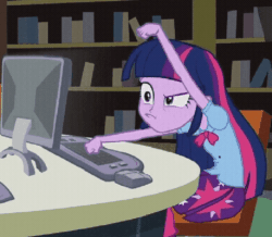 Size: 720x627 | Tagged: safe, edit, edited screencap, imported from derpibooru, screencap, twilight sparkle, equestria girls, equestria girls (movie), animated, computer, confused, cropped, extreme speed animation, faic, female, gif, keyboard, seizure warning, solo, speed up, struggle with technology