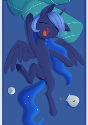 Size: 988x1394 | Tagged: safe, artist:dusthiel, imported from derpibooru, princess luna, alicorn, pony, atg 2021, bed, cookie, cookie jar, cute, ethereal mane, ethereal tail, eyes closed, female, filly, food, food baby, lunabetes, mare, newbie artist training grounds, open mouth, overeating, pillow, sleeping, slim, solo, spread wings, stuffed, stuffed belly, tail, wing fluff, wings, woona, younger