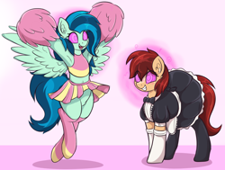 Size: 3774x2850 | Tagged: safe, artist:czu, imported from derpibooru, oc, oc only, oc:brass tacks, oc:stratus shear, earth pony, pegasus, pony, armpits, cheerleader, clothes, dress, duo, duo female, female, grin, high res, hypnosis, hypnotized, kaa eyes, maid, mare, midriff, open mouth, open smile, pom pom, skirt, smiling, sports bra, swirly eyes