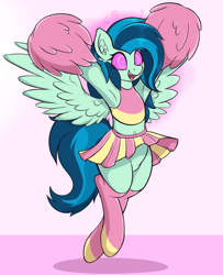 Size: 2312x2850 | Tagged: safe, artist:czu, imported from derpibooru, oc, oc only, oc:stratus shear, armpits, cheerleader, clothes, female, high res, hypnosis, hypnotized, kaa eyes, mare, midriff, open mouth, open smile, pom pom, skirt, smiling, sports bra, swirly eyes