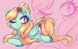Size: 600x377 | Tagged: safe, artist:sinamuna, imported from derpibooru, oc, oc only, oc:pidge (sinamuna), pony, brown eyes, colored hooves, confident, ear fluff, female, folded wings, hair bun, long hair, lying down, mare, one eye closed, orange hair, signature, smiling, solo, wings, wink