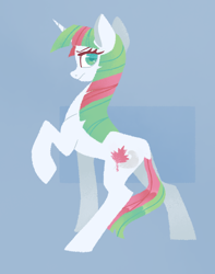 Size: 1260x1600 | Tagged: safe, artist:overthemaginot, imported from derpibooru, gusty, gusty the great, pony, unicorn, abstract background, alternate hairstyle, digital art, female, frown, lineless, looking at you, looking back, looking back at you, mare, raised hoof, rear view, solo, solo female