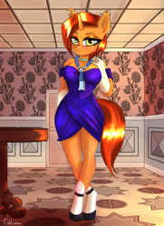 Size: 2000x2760 | Tagged: safe, artist:cali luminos, imported from derpibooru, stellar flare, anthro, unguligrade anthro, unicorn, blushing, breasts, busty stellar flare, cleavage, clothes, cute, dress, ear fluff, elegant, female, high res, looking at you, milf, pose, smiling, smiling at you