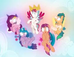 Size: 1280x979 | Tagged: safe, artist:hate-love12, imported from derpibooru, hitch trailblazer, izzy moonbow, pipp petals, sunny starscout, zipp storm, earth pony, pegasus, pony, unicorn, base used, blaze (coat marking), braid, coat markings, colored wings, deviantart watermark, facial markings, female, g4, g5, g5 to g4, glowing eyes, here we go again, history repeats itself, male, mane five (g5), mare, multicolored wings, obtrusive watermark, pale belly, raised hoof, socks (coat markings), spread wings, stallion, the elements in action, watermark, wings