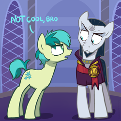 Size: 2048x2048 | Tagged: safe, artist:pfeffaroo, imported from derpibooru, chancellor neighsay, sandbar, earth pony, pony, unicorn, dialogue, duo, duo male, eye clipping through hair, eyebrows, eyebrows visible through hair, height difference, high res, male, stallion, teenager, unamused