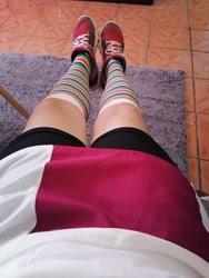 Size: 3000x4000 | Tagged: safe, imported from derpibooru, photographer:mr.sparkle, rainbow dash, human, clothes, cosplay, costume, crossplay, irl, irl human, legs, photo, pictures of legs, rainbow socks, skirt, socks, solo, striped socks