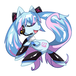 Size: 945x945 | Tagged: safe, alternate version, artist:闪光浆果, imported from derpibooru, kotobukiya, pony, anime, clothes, eyes closed, female, hatsune miku, headphones, kotobukiya hatsune miku pony, leggings, mare, microphone, necktie, ponified, solo, vocaloid