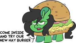 Size: 1367x781 | Tagged: safe, artist:threetwotwo32232, imported from derpibooru, oc, oc:filly anon, earth pony, pony, burger, burger costume, clothes, costume, female, filly, food, food costume, hamburger, hamburger costume, hay burger, working