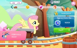 Size: 1280x800 | Tagged: safe, imported from derpibooru, fluttershy, earth pony, pegasus, pony, app, astro pony, bits, crystal, female, game, gameloft, gem, horseshoes, jewelry, male, mare, mine, minecart, minigame, mobile game, planetary bob, present, shield, smiling, stallion, wheel, wings