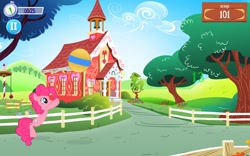 Size: 1280x800 | Tagged: safe, imported from derpibooru, pinkie pie, earth pony, pony, ball, clock, female, jumping, mare, minigame, pause, ponyville schoolhouse, school, smiling, solo, solo female