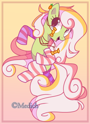 Size: 1544x2104 | Tagged: safe, artist:mediasmile666, imported from derpibooru, oc, oc only, earth pony, pony, abstract background, clothes, female, mare, smiling, socks, striped socks, thigh highs