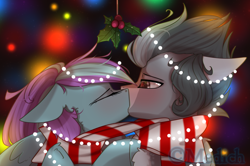 Size: 2728x1814 | Tagged: safe, artist:mediasmile666, imported from derpibooru, oc, oc only, pegasus, pony, blushing, clothes, cute, duo, eyes closed, female, floppy ears, holly, holly mistaken for mistletoe, kissing, male, mare, mistletoe, scarf, shared clothing, shared scarf, stallion