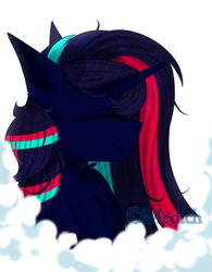 Size: 2162x2773 | Tagged: safe, artist:mediasmile666, imported from derpibooru, oc, oc only, pony, unicorn, bust, cloud, eyes closed, female, high res, mare, smiling, solo