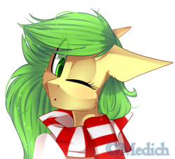 Size: 1629x1478 | Tagged: safe, artist:mediasmile666, imported from derpibooru, oc, oc only, pony, bust, clothes, female, floppy ears, mare, one eye closed, scarf, simple background, solo, white background