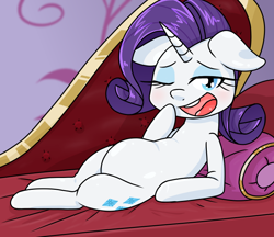 Size: 740x640 | Tagged: safe, alternate version, artist:batipin, imported from derpibooru, rarity, pony, unicorn, chubbity, chubby, fainting couch, female, floppy ears, legs together, mare, one eye closed, open mouth, pillow, solo, volumetric mouth