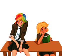 Size: 500x446 | Tagged: artist needed, source needed, safe, artist:xingxing, imported from derpibooru, applejack, rainbow dash, human, appledash, book, female, humanized, lesbian, shipping, simple background, table, white background