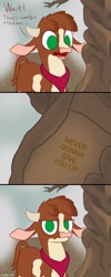 Size: 500x1250 | Tagged: safe, imported from derpibooru, arizona cow, cow, them's fightin' herds, arizona (tfh), arizona cow is not amused, arizona is not amused, community related, exploitable meme, meme, mountains of sadness, never gonna give you up, rickroll, shitposting
