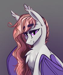 Size: 2281x2732 | Tagged: safe, artist:alrumoon_art, imported from derpibooru, oc, oc only, oc:alruna moonrise, bat pony, pony, chest fluff, eyebrows, eyebrows visible through hair, female, gray background, high res, mare, simple background, solo