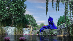 Size: 2560x1440 | Tagged: safe, artist:thelunagames, imported from derpibooru, princess luna, alicorn, butterfly, pony, 3d, cinema4d, reflection, scenery, solo, tree, water