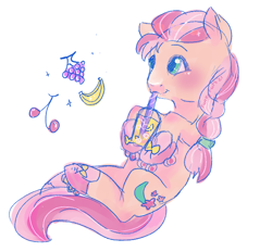 Size: 636x589 | Tagged: safe, artist:funky_furs, artist:funkyfurs, imported from derpibooru, sunny starscout, earth pony, pony, banana, blushing, braid, cherry, cup, cute, drink, drinking, female, food, g5, grapes, herbivore, hoof hold, mare, simple background, solo, straw, sunnybetes, unshorn fetlocks, white background