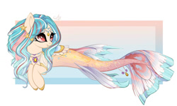 Size: 1771x1062 | Tagged: safe, artist:ponsel, imported from derpibooru, oc, oc only, hybrid, merpony, seapony (g4), starfish, adoptable, deviantart watermark, dorsal fin, eyelashes, female, fish tail, flowing tail, jewelry, necklace, obtrusive watermark, red eyes, regalia, simple background, smililng, solo, tail, watermark, white background