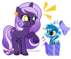 Size: 1200x999 | Tagged: safe, artist:jennieoo, imported from derpibooru, oc, oc:midnight twinkle, oc:ursa minor, bear, pony, unicorn, birthday, box, constellation, duo, ethereal mane, happy, pony in a box, present, show accurate, simple background, smiling, starry mane, transparent background, vector