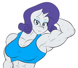 Size: 1147x1001 | Tagged: safe, artist:matchstickman, edit, editor:dinoknight12, imported from derpibooru, rarity, anthro, abs, bicep, breasts, clothes, female, flexing, lidded eyes, looking at you, muscles, muscular female, pose, ripped rarity, simple background, smiling, solo, sports bra, white background
