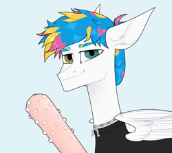 Size: 2800x2500 | Tagged: safe, artist:tea_sediment, imported from derpibooru, pegasus, pony, awsten knight, baseball bat, bust, clothes, commission, dyed mane, folded wings, high res, horseshoes, jewelry, light blue background, male, necklace, ponified, shirt, simple background, solo, stallion, t-shirt, toothbat, waterparks, wings, ych result