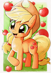 Size: 4093x5787 | Tagged: safe, artist:konanachi, imported from derpibooru, applejack, earth pony, pony, absurd file size, absurd resolution, apple, applejack's hat, cowboy hat, cute, female, food, hat, jackabetes, mare, open mouth, open smile, raised hoof, signature, smiling, solo
