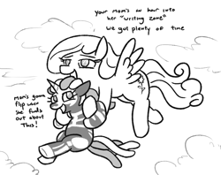 Size: 809x642 | Tagged: safe, artist:jargon scott, imported from derpibooru, oc, oc only, oc:nyxzala, oc:snowdrop, hybrid, pegasus, pony, unicorn, zony, black and white, blind, carrying, dialogue, duo, female, filly, flying, grayscale, magical lesbian spawn, mare, monochrome, offspring, older, older snowdrop, parent:oc:nyx, parent:oc:zala, parents:oc x oc