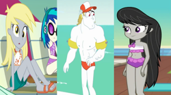 Size: 1521x846 | Tagged: safe, edit, imported from derpibooru, screencap, bulk biceps, derpy hooves, dj pon-3, octavia melody, vinyl scratch, equestria girls, equestria girls series, spring breakdown, turf war, spoiler:eqg series (season 2), background human, beach shorts swimsuit, belly button, bikini, bikini top, bulktavia, clothes, cropped, cute, derpabetes, derpybulk, derpybulktavia, feet, female, headphones, legs, male, midriff, one-piece swimsuit, polyamory, sandals, shipping, shipping domino, shorts, smiling, straight, swimming trunks, swimsuit, water wings