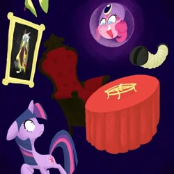 Size: 640x640 | Tagged: artist needed, safe, imported from derpibooru, discord, pinkie pie, twilight sparkle, pony, unicorn, accordion, chair, crystal ball, cymbals, floating, musical instrument, table, the haunted mansion, unicorn twilight
