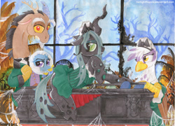 Size: 900x648 | Tagged: safe, artist:foxxy-arts, imported from derpibooru, discord, gilda, queen chrysalis, trixie, changeling, griffon, pony, unicorn, coffin, spider web, the haunted mansion